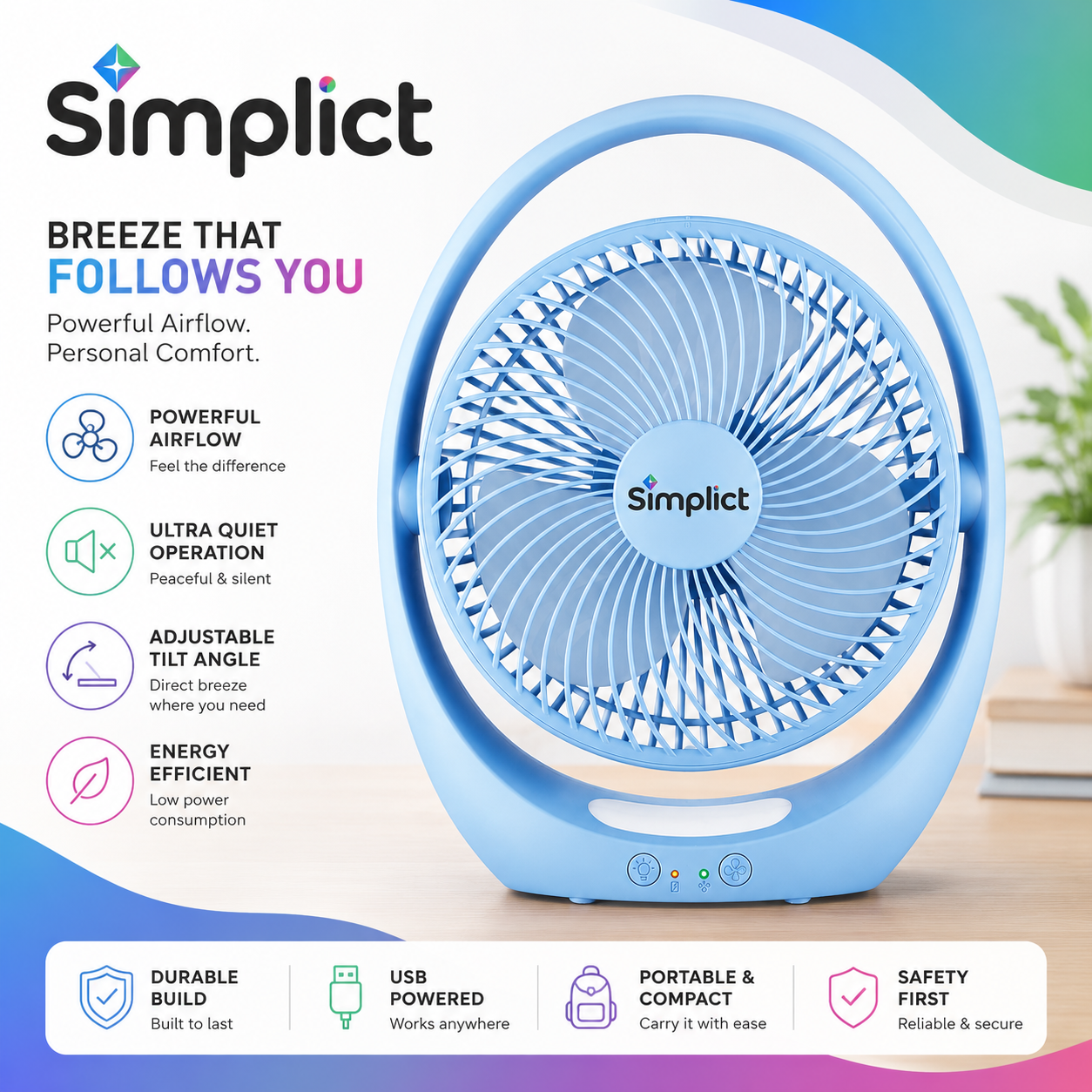 Simplict™ Portable Rechargeable Table Fan | 2400mAh Battery | 4-Hour Backup | USB Charging