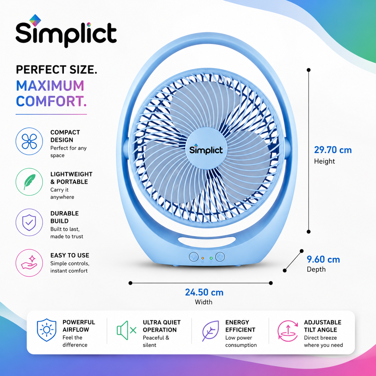 Simplict™ Portable Rechargeable Table Fan | 2400mAh Battery | 4-Hour Backup | USB Charging