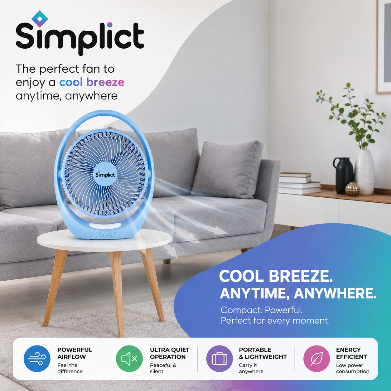 Simplict™ Portable Rechargeable Table Fan | 2400mAh Battery | 4-Hour Backup | USB Charging