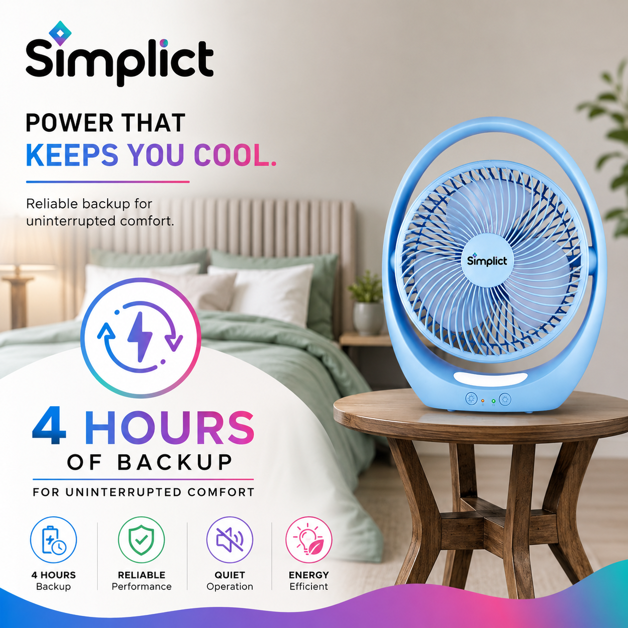 Simplict™ Portable Rechargeable Table Fan | 2400mAh Battery | 4-Hour Backup | USB Charging