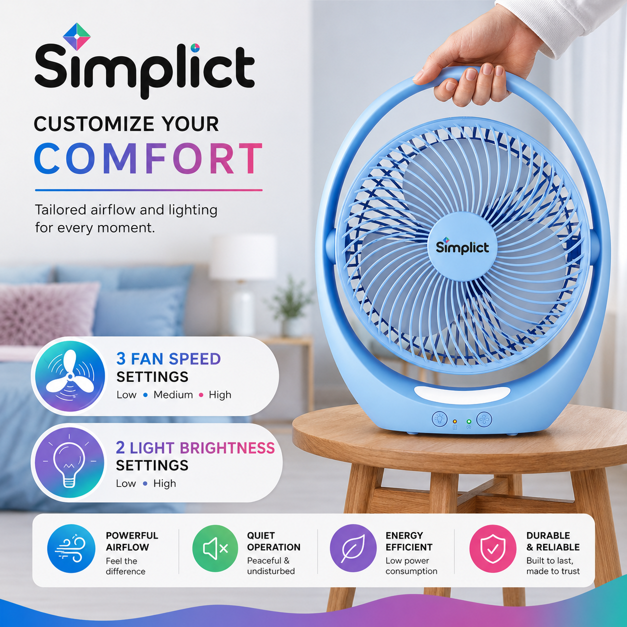Simplict™ Portable Rechargeable Table Fan | 2400mAh Battery | 4-Hour Backup | USB Charging