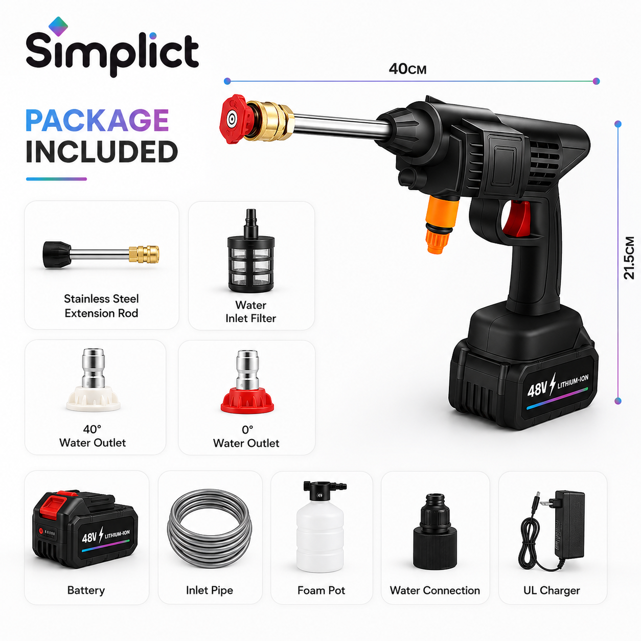Simplict™ Cordless Pressure Washer Gun – 48V Portable High Pressure Cleaner Kit