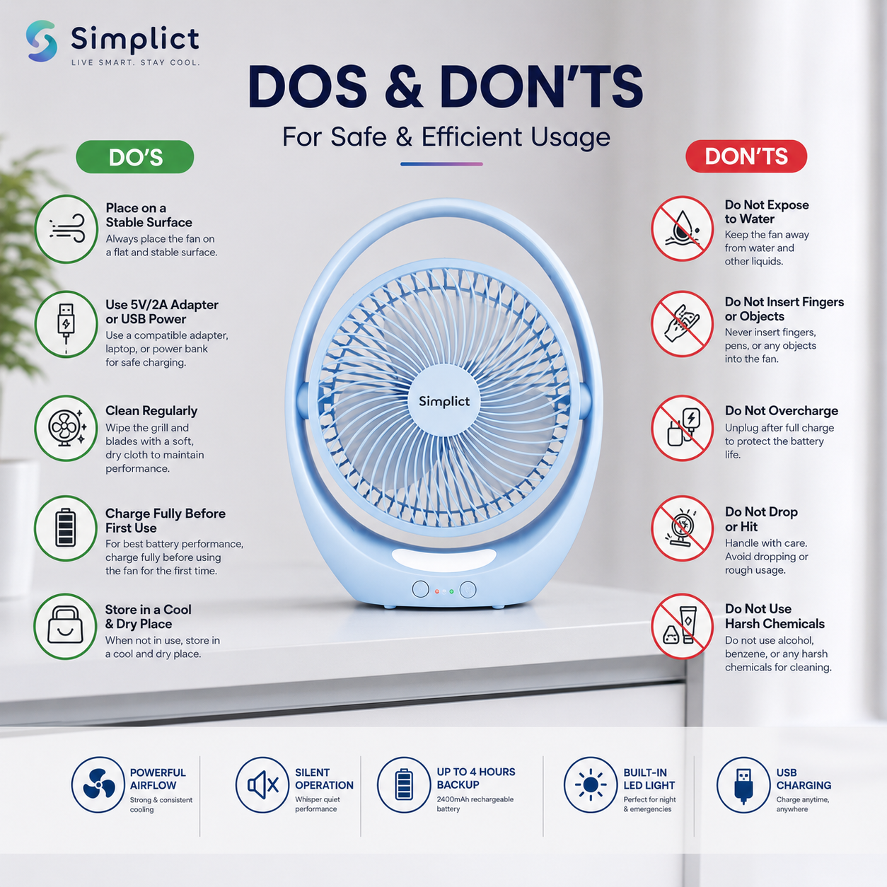 Simplict™ Portable Rechargeable Table Fan | 2400mAh Battery | 4-Hour Backup | USB Charging