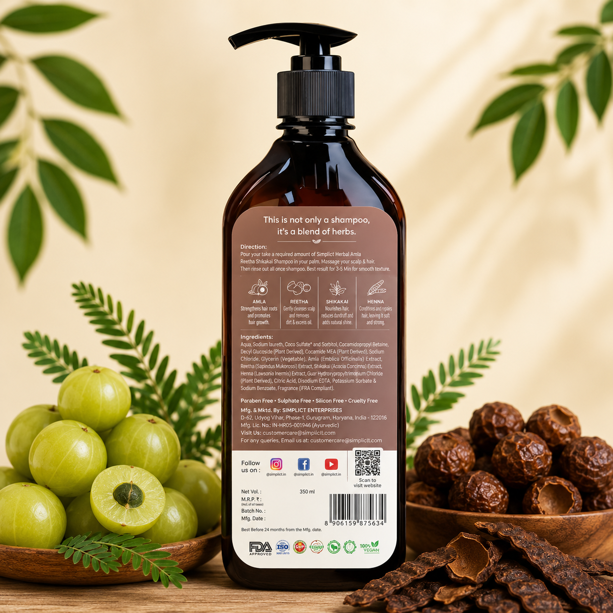 Shreekesha Amla Reetha Rosemary & Shikakai Herbal Shampoo | Sulphate & Paraben Free Hair Growth Shampoo (350ml)