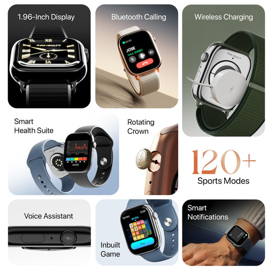 Simplict Smart Watch – 1.96" Display, BT Calling, AI Assistant, Wireless Charging - Black