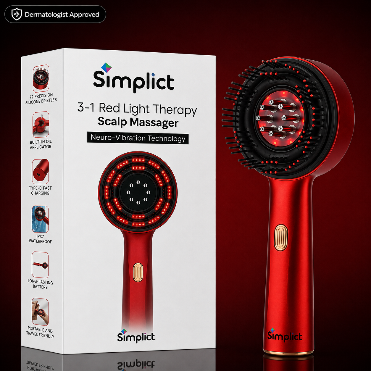 Simplict™ 3-in-1 Red Light Therapy Scalp Massager | 12 Months Warranty