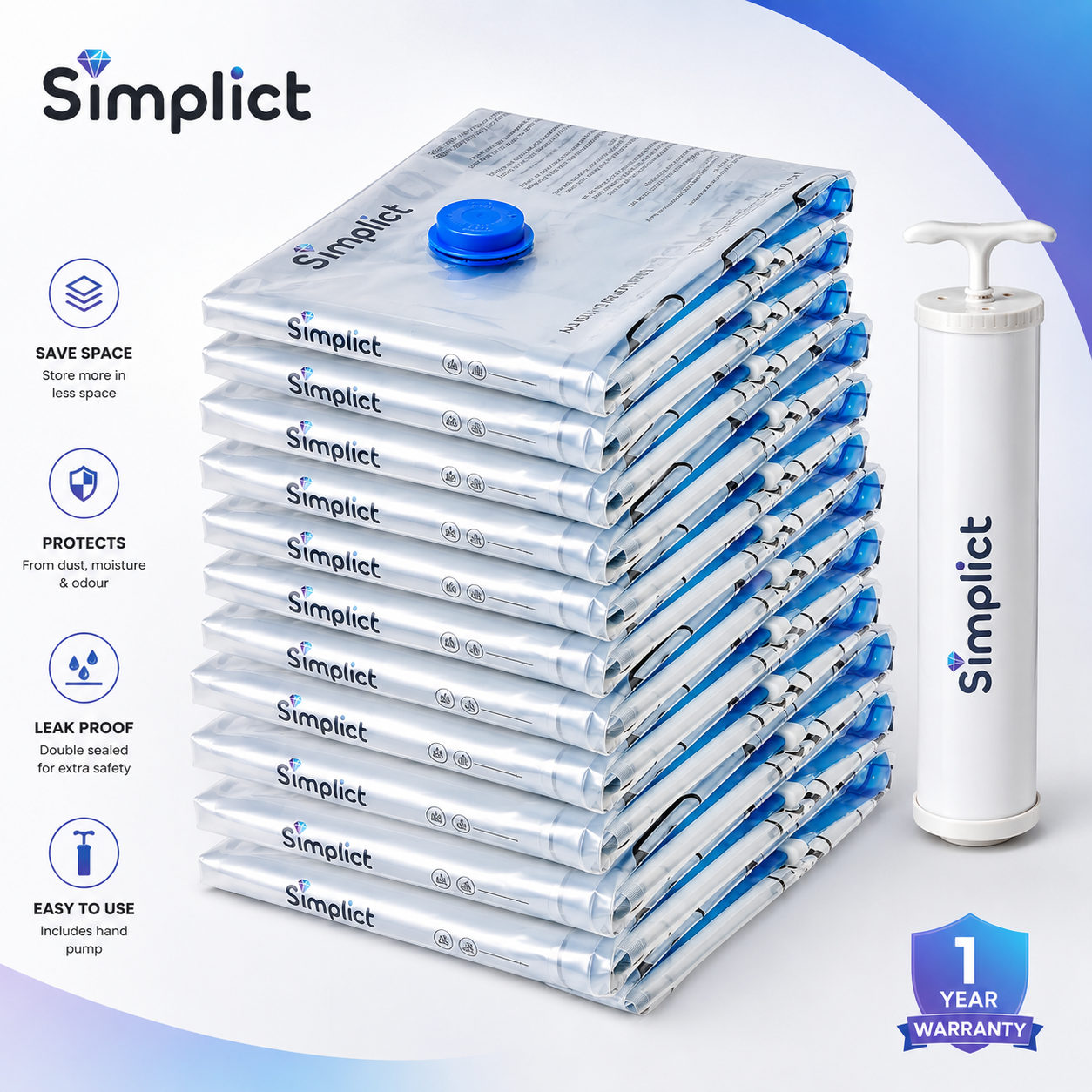 Simplict™ Vacuum Storage Bags with Hand Pump (12-Pack)