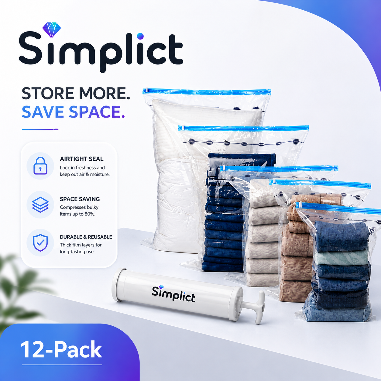 Simplict™ Vacuum Storage Bags with Hand Pump (12-Pack)