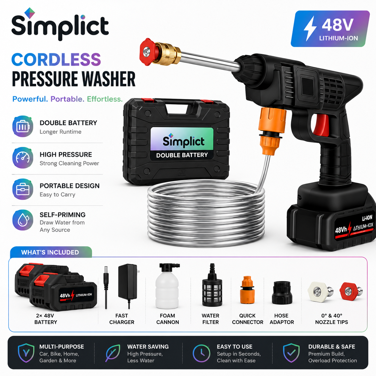 Simplict™ Cordless Pressure Washer Gun – 48V Portable High Pressure Cleaner Kit