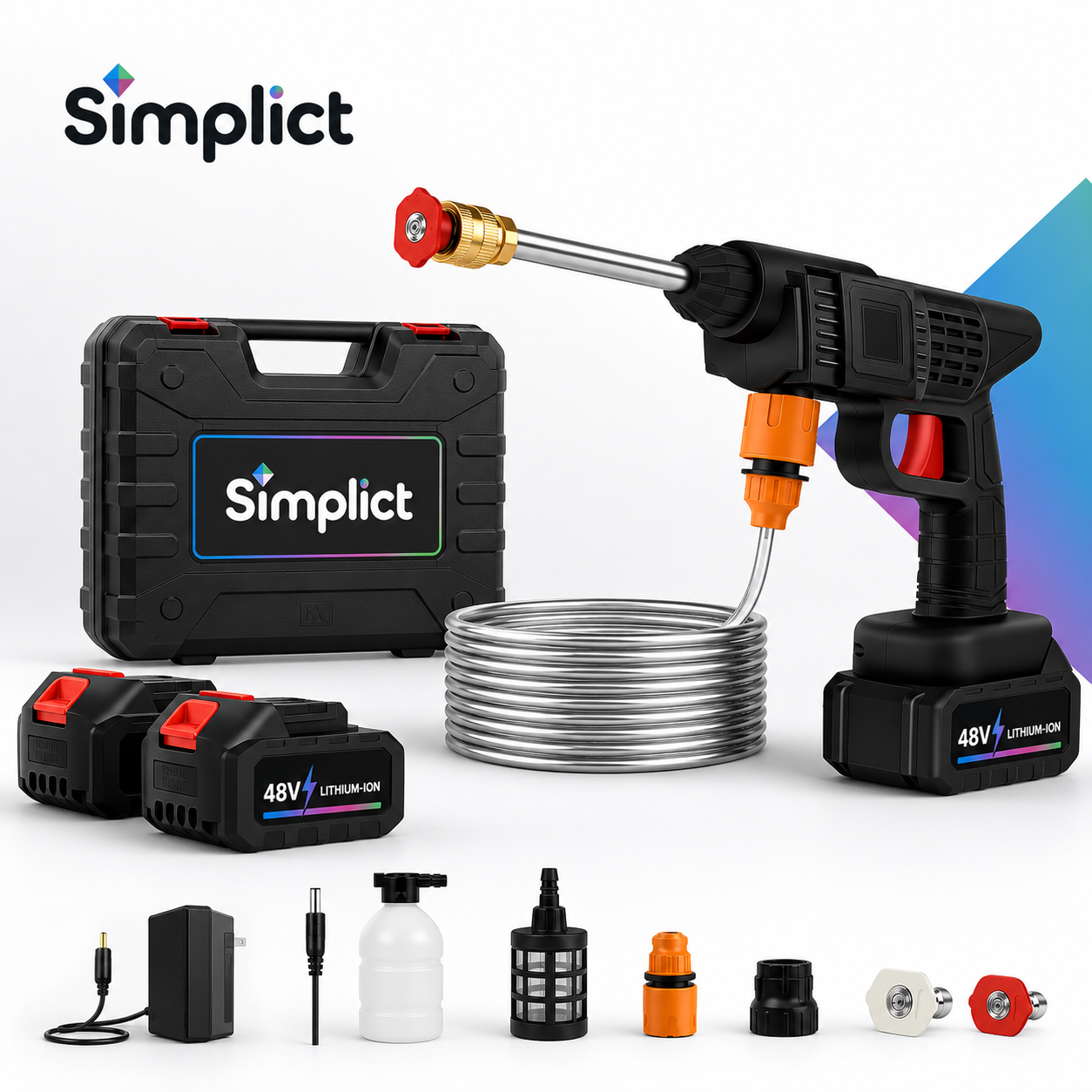 Simplict™ Cordless Pressure Washer Gun – 48V Portable High Pressure Cleaner Kit