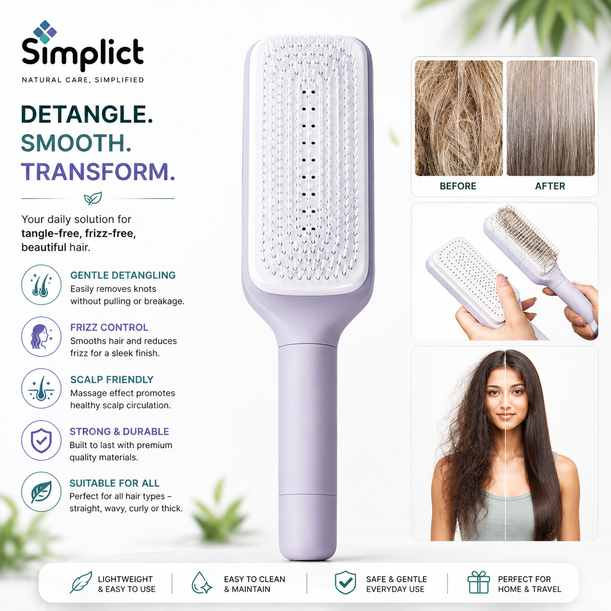 4-in-1 Self-Cleaning Anti-Static Massage Hair Brush with 3D Air Cushion & Soft Bristles