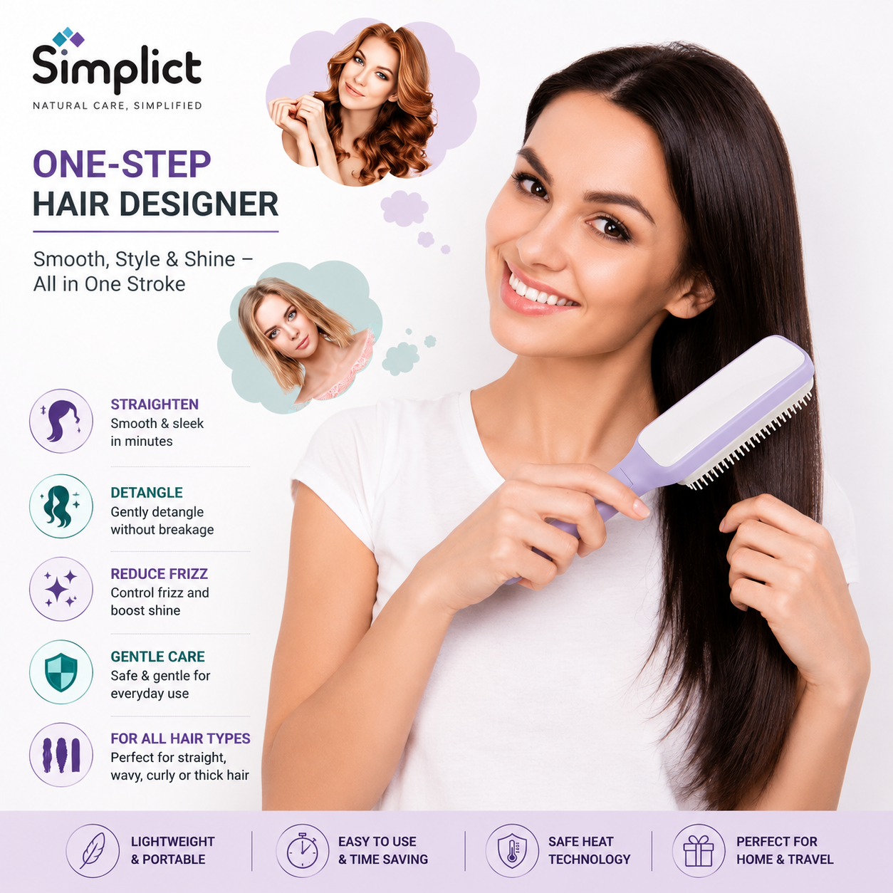 4-in-1 Self-Cleaning Anti-Static Massage Hair Brush with 3D Air Cushion & Soft Bristles