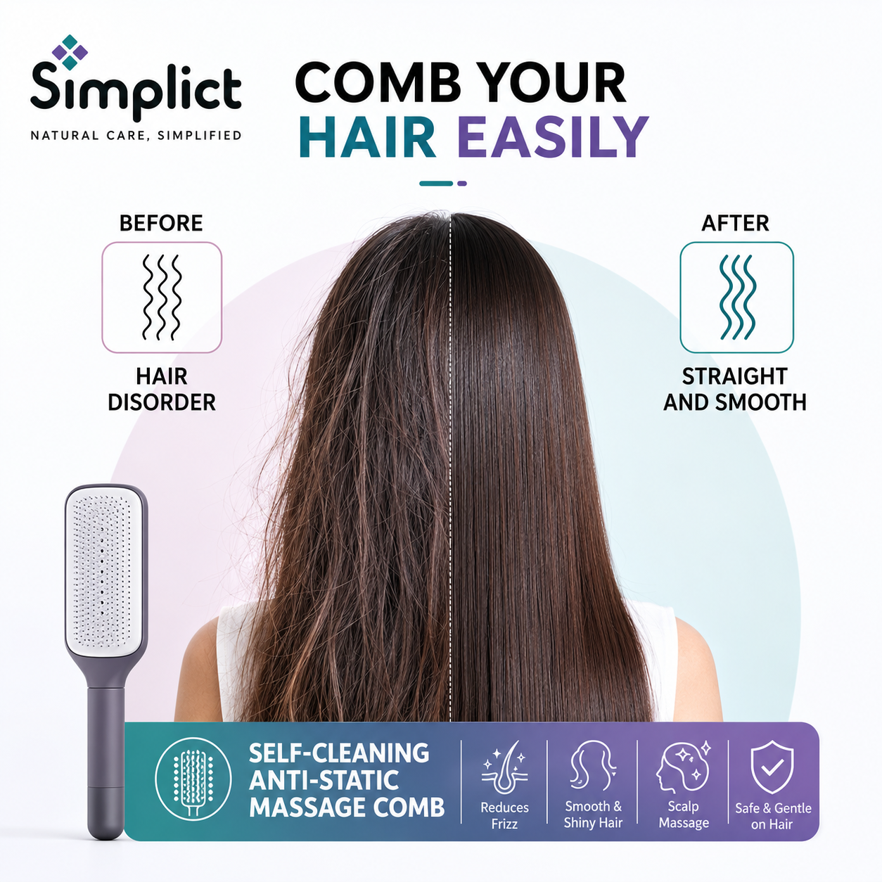4-in-1 Self-Cleaning Anti-Static Massage Hair Brush with 3D Air Cushion & Soft Bristles