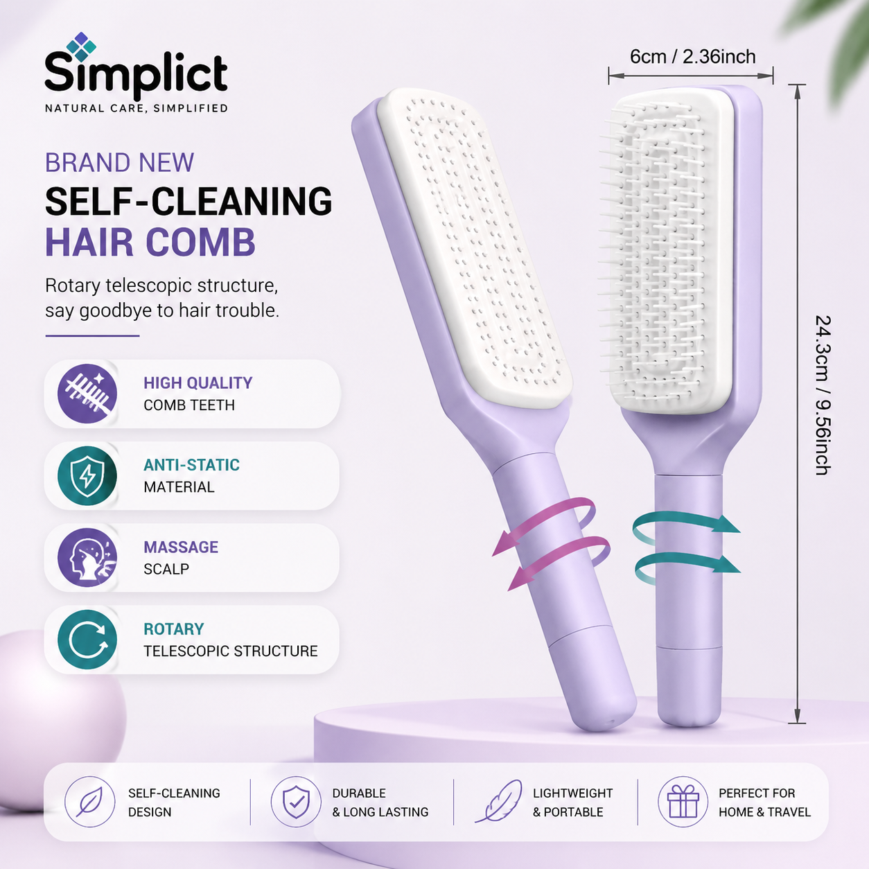 4-in-1 Self-Cleaning Anti-Static Massage Hair Brush with 3D Air Cushion & Soft Bristles