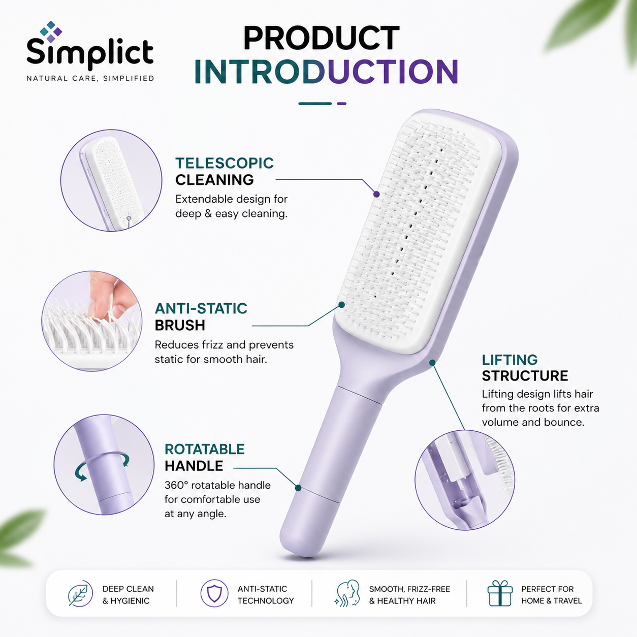 4-in-1 Self-Cleaning Anti-Static Massage Hair Brush with 3D Air Cushion & Soft Bristles