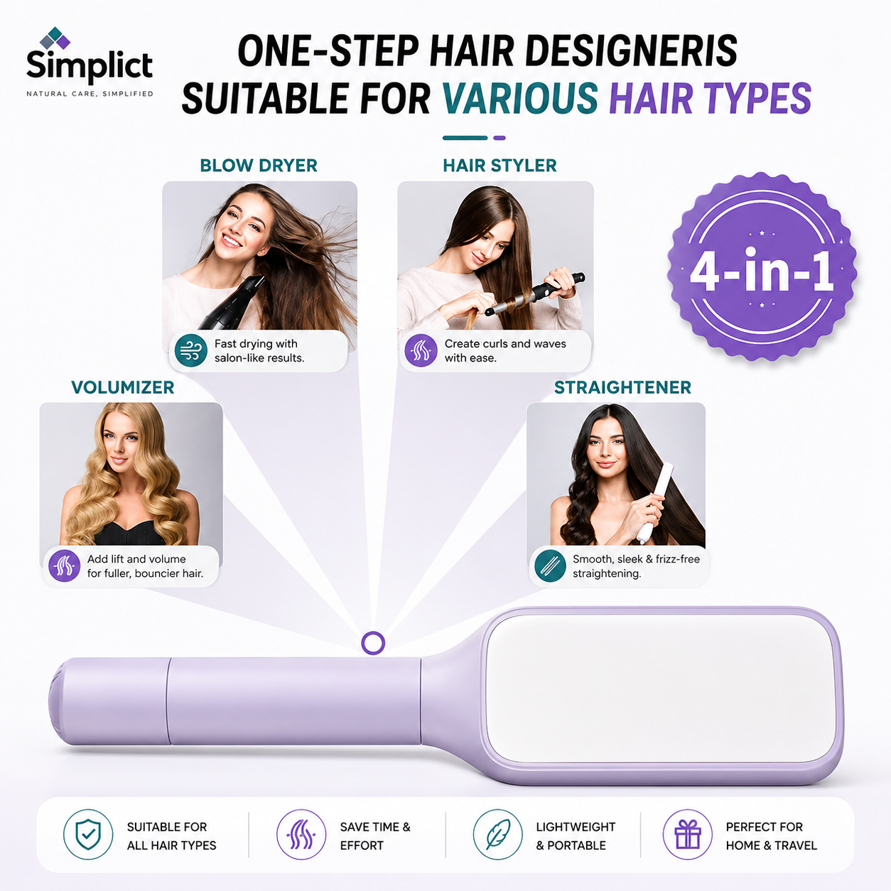 4-in-1 Self-Cleaning Anti-Static Massage Hair Brush with 3D Air Cushion & Soft Bristles