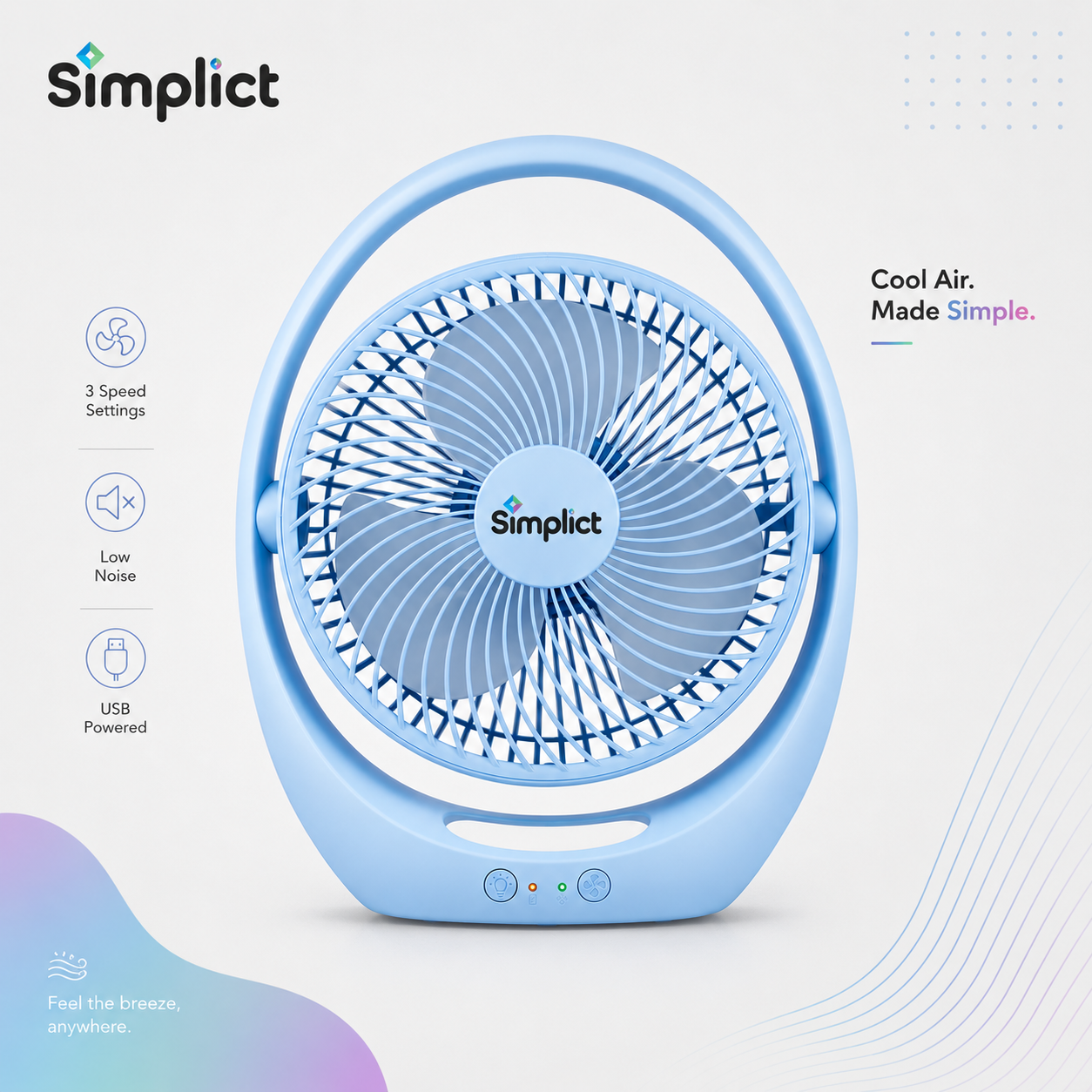 Simplict™ Portable Rechargeable Table Fan | 2400mAh Battery | 4-Hour Backup | USB Charging